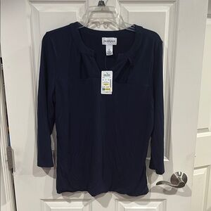 PXL Navy peck & peck top with decorative neckline - NWT